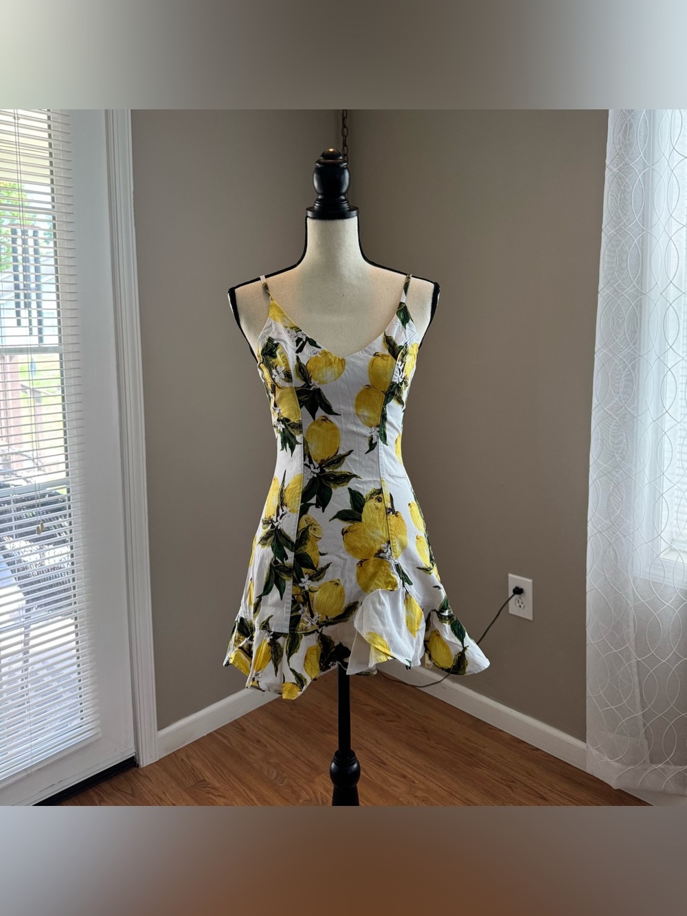 Luxxel Lemon Print Mini Dress Ruffle Hem Floral Summer Size S